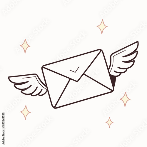 Flying envelope with wings and shimmering stars, design element for mail delivery or urgent message concept, isolated vector