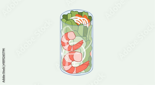 Fresh Shrimp Salad with Mixed Greens and Vegetables in a Tall Glass Container