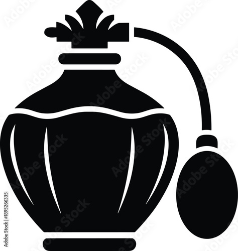Minimal vector silhouette, vintage perfume bottle with atomizer bulb, solid black, isolated on white.