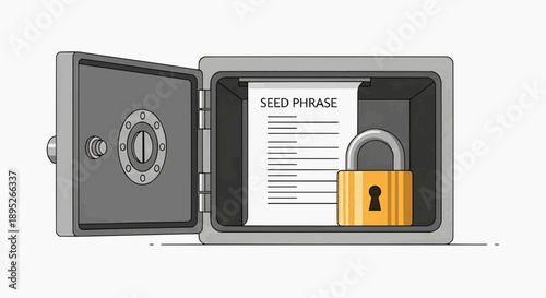 Securely stored crypto seed phrase within an open safe and a locked padlock, representing digital asset protection