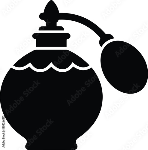 Minimal vector silhouette, vintage perfume bottle with atomizer bulb, solid black, isolated on white.