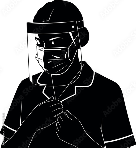 Healthcare Professional wearing PPE Face Mask and Shield Icon; Medical Nurse or CNA in Surgical Mask Illustration; Scientific name: Homo sapiens in Personal Protective Equipment.