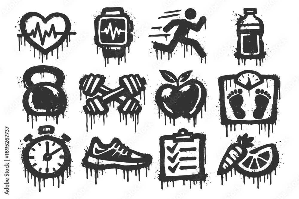 Obraz premium Grunge fitness icons: heart, watch, runner, bottle, weights, apple, scale, timer, shoe, list, carrot.