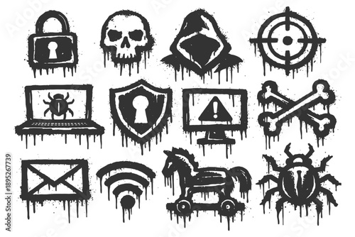 Grunge cybersecurity symbols: locks, skulls, virus icons, and hackers.