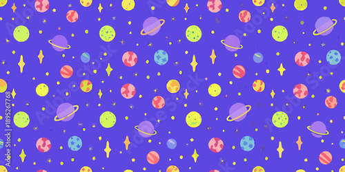 Colorful planets stars and circles on a vibrant purple background