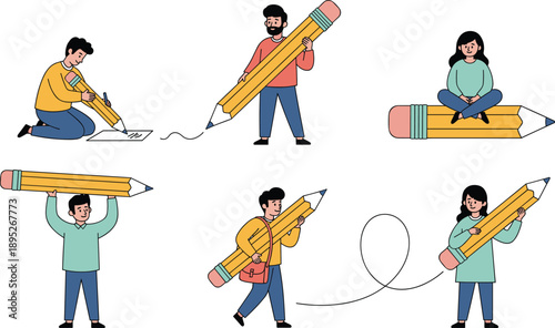 People Holding Giant Pencils – Creativity, Writing and Idea Concept Illustration