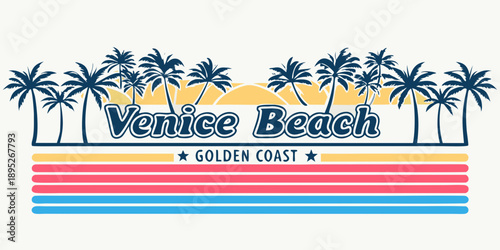 Venice Beach california vintage style graphic with palm trees and sunset