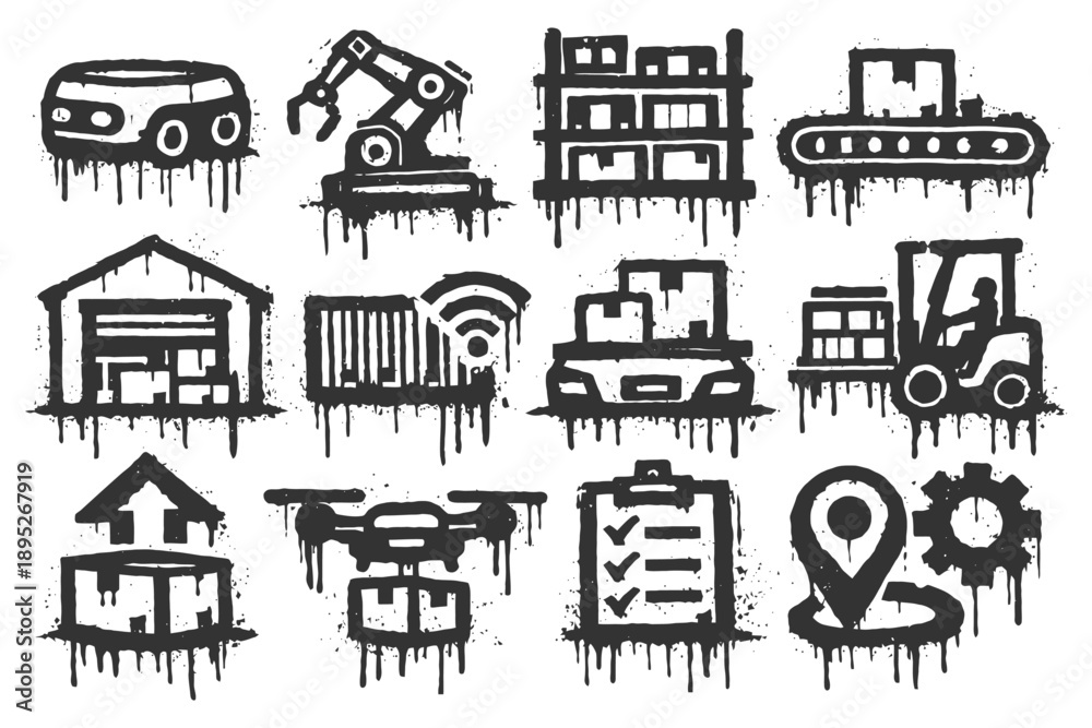 Naklejka premium Set of grungy industrial icons featuring automation and logistics symbols.