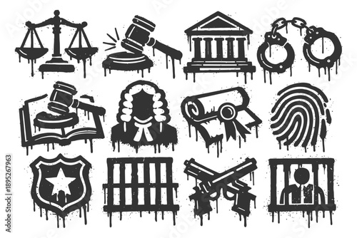Grunge-style legal and justice icons set with gavel scales courthouse handcuffs and jail.