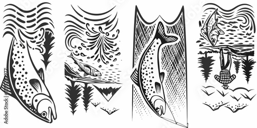 Four black and white illustrations depicting fish and aquatic scenes