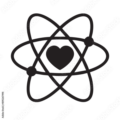 simple black line drawing of an atom symbol with a heart at its center