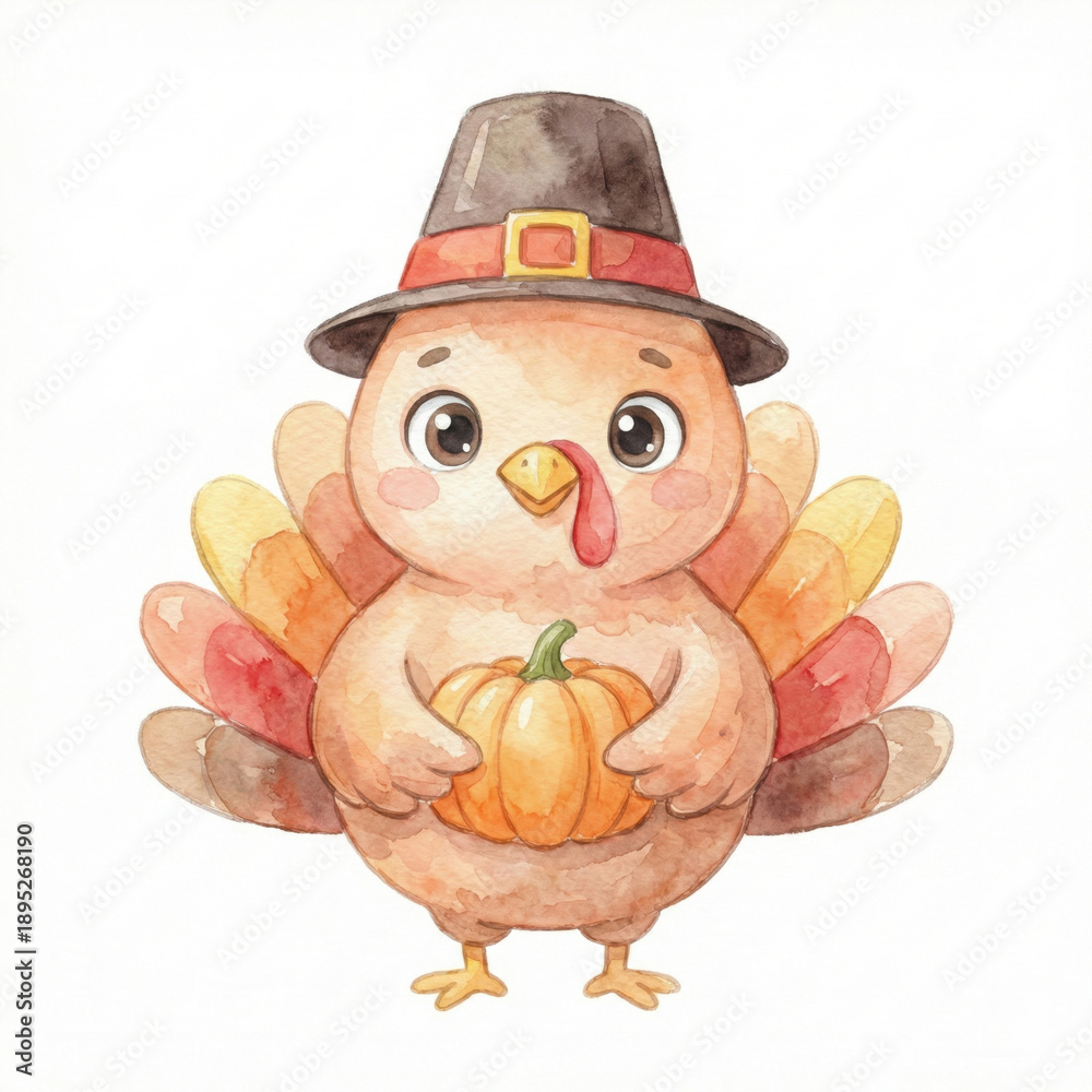Fototapeta premium Watercolor turkey pilgrim hat pumpkin thanksgiving autumn cute cartoon illustration on white background, smiling bird holding gourd, holiday greeting design for invitation card
