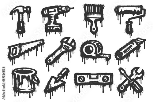 Grunge style construction tools icons: hammer, drill, paintbrush, saw, wrench.