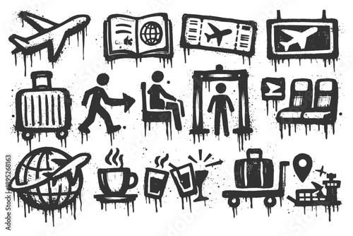 Hand-drawn travel icons: plane, passport, luggage, security, seats, airport.