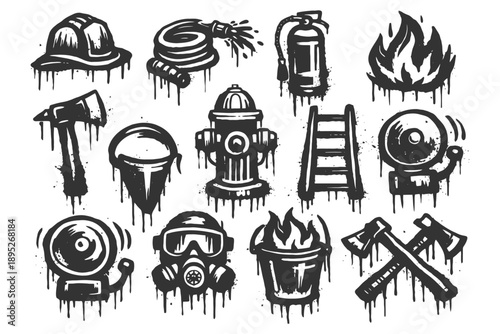 Firefighter tools and symbols: helmet, hose, extinguisher, hydrant, fire, axe.