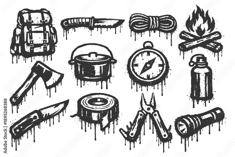 Naklejka premium Grunge survival tools set: knife, compass, axe, campfire, backpack, rope.