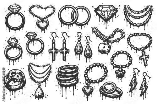 Dripping jewelry designs: rings, necklaces, bracelets, and earrings.