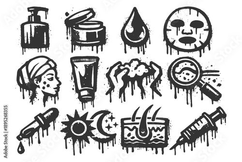 Skincare icons: lotion, cream, mask, cleansing, magnifying glass, serum, day and night care, hair follicle, injection.