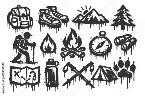 Outdoor adventure icons: backpack, boots, mountains, tree, hiking, fire, compass, binoculars, map, flask, poles, tent, paw print.