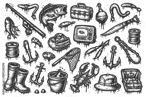 Vintage fishing icons collection: rods, fish, hooks, tackle, and gear.