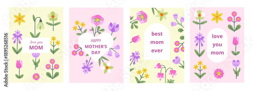 Set of four Mother's Day greeting cards featuring geometric spring flowers and heartfelt text messages in pastel colors, perfect for holiday greetings