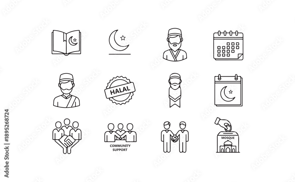 Fototapeta premium A collection of black and white icons representing Islamic symbols and concepts