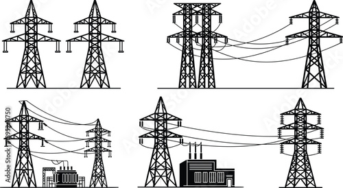 Silhouette electric transmission towers with power lines and substations, illustrating electricity grid, energy distribution, high voltage infrastructure, and utility network vector