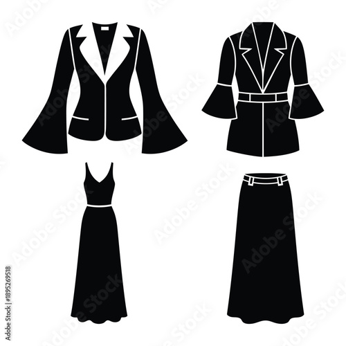 Black and white fashion ensemble with jacket and dress