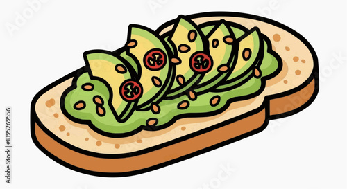 A slice of bread topped with sliced avocado and seeds on a plate indoors