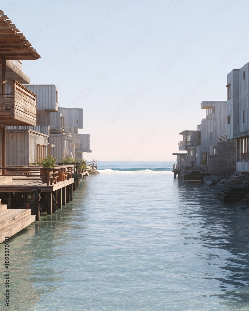 Obraz premium Modern coastal city environment featuring photorealistic wooden houses along a serene waterway with clear blue water and distant ocean waves visible in the background