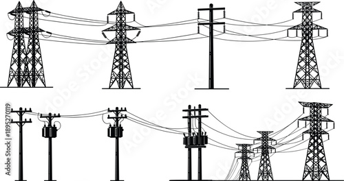 Silhouette electric transmission towers and utility poles with overhead power lines, illustrating electricity grid, energy distribution, and infrastructure vector illustration