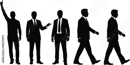 Silhouette business men in suits standing and walking, showing professional gestures, leadership, teamwork, and corporate lifestyle human vector illustration isolated