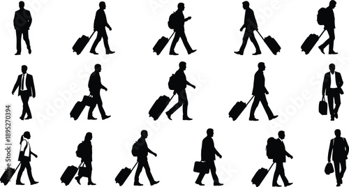 Silhouette business people walking with suitcases and backpacks, representing travel, commuting, airport passengers, corporate lifestyle, and modern mobility vector illustration