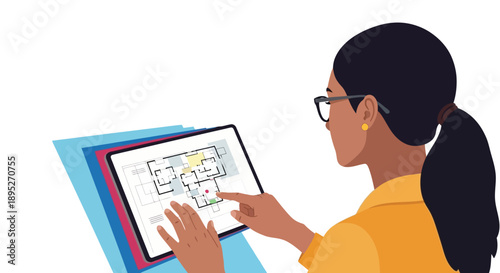 Female Architect or Engineer Reviewing Digital Floor Plan on Tablet. Home Design and Real Estate Technology Concept Illustration.