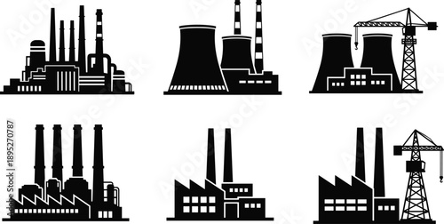 Silhouette industrial factories and power plants with chimneys, cooling towers, and cranes representing manufacturing, electricity generation, and heavy industry vector