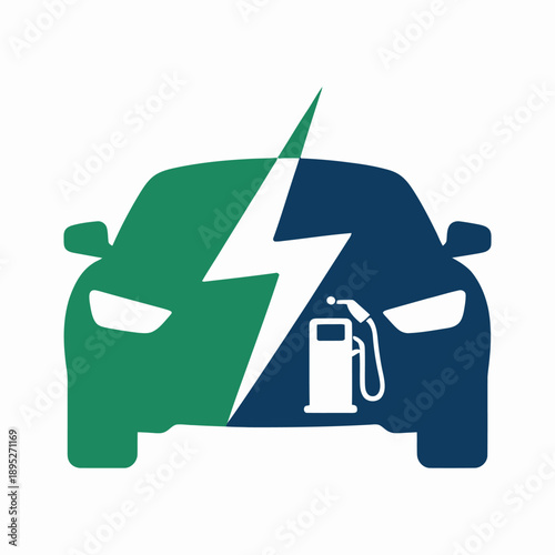 Plug in hybrid electric vehicle icon showing half electric energy and half fuel engine symbol clean vector illustration representing modern eco friendly automotive technology
