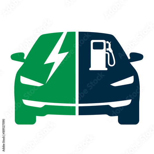 Plug in hybrid electric vehicle icon showing half electric energy and half fuel engine symbol clean vector illustration representing modern eco friendly automotive technology