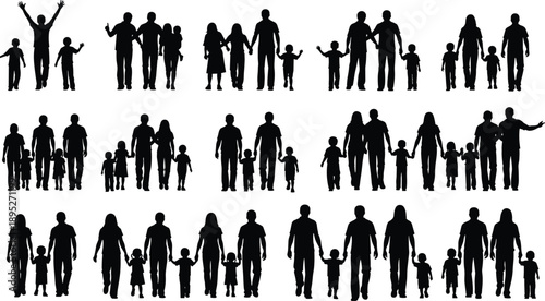 Family Silhouette Collection Showing Parents and Children Walking Together Representing Love, Unity, Parenting, Childhood and Togetherness on White Background