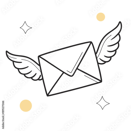 Simple black and white line art of winged letter with yellow circles for minimalistic web design elements and clean interface icon applications