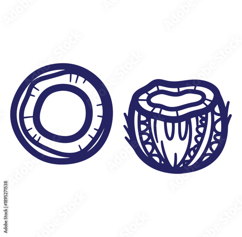 Hand Drawn Coconut Top View and Half Illustration halved