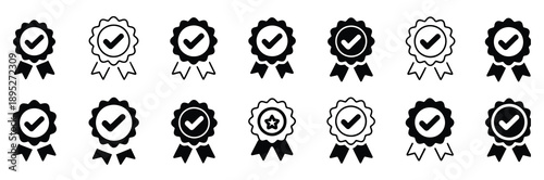 Approval check big icon, verified certified medal correct mark award ribbon badge quality certify sign, professional stock vector illustration.