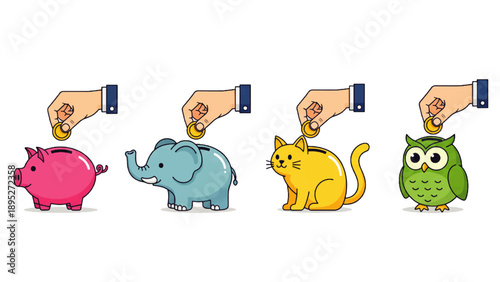 Hands depositing coins into diverse animal piggy banks, illustrating smart saving for financial stability and asset building