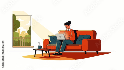 Vector art of a woman focused on her laptop, comfortably working from her sunlit living room sofa, embracing flexible remote work