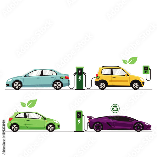Diverse electric vehicles, from sedans to sports cars, charging at modern eco-friendly stations, symbolizing a sustainable future for transportation