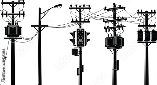 Silhouette utility poles with transformers, power lines, traffic light, and street lamp illustrating urban electrical infrastructure vector illustration for projects