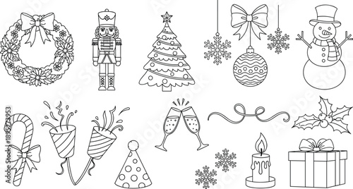 Christmas and New Year line art icons set with nutcracker, snowman, tree, wreath, champagne glasses, candle, gift and party decorations