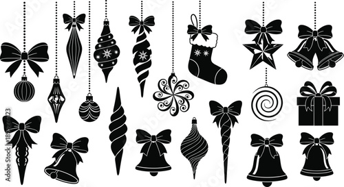 Collection of black Christmas silhouettes featuring hanging ornaments, decorative bells with bows, festive stars, holiday stockings and winter gift boxes