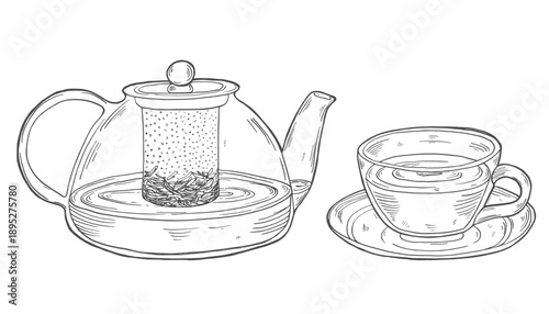 Tea set with healthy green tea, slice of lemon,chamomile. Teapot and cup. Hand drawn vector illustration in outline style.