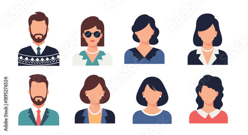 Elegant set of eight male and female portrait avatars featuring stylish clothing and accessories in a minimalist vector graphic style.