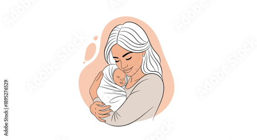 Tender illustration of a mother lovingly holding her swaddled newborn baby against a soft peach colored abstract background shape.